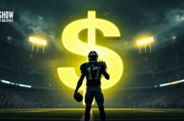 Football player holding a ball, standing in front of a large glowing dollar sign in a stadium, all while championing player safety.