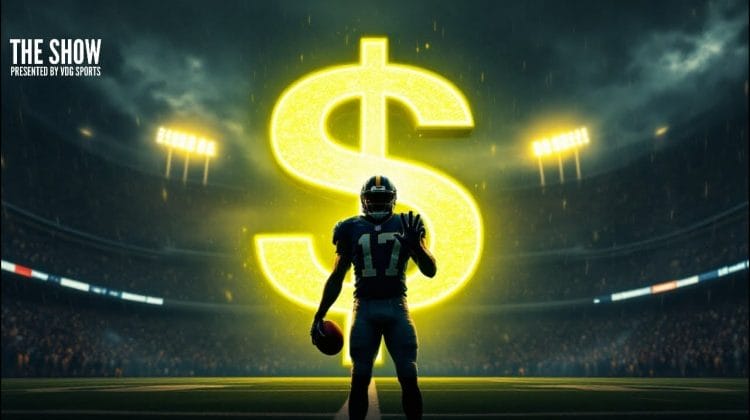 Football player holding a ball, standing in front of a large glowing dollar sign in a stadium, all while championing player safety.