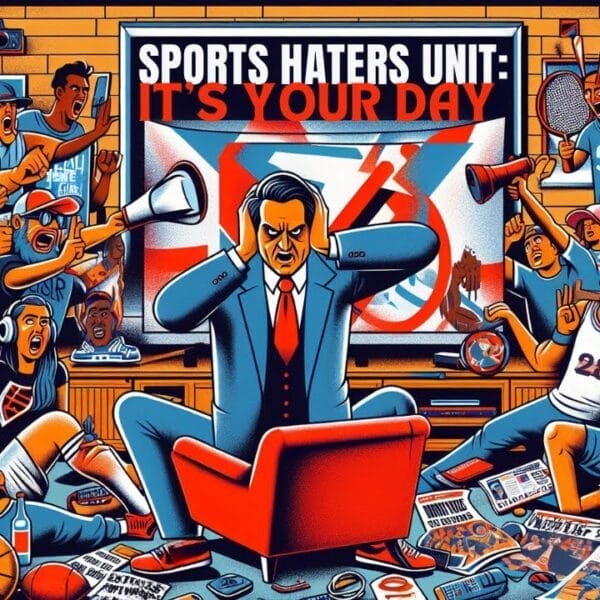 Illustration of an animated group of people celebrating "sports haters unite: it's your day", surrounded by various sports paraphernalia in a vibrant, colorful setting.