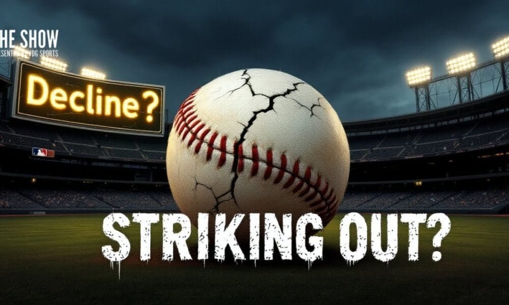 A cracked baseball lies on the field with "Decline?" and "Striking Out?" inscribed, hinting at the uncertain MLB Future.