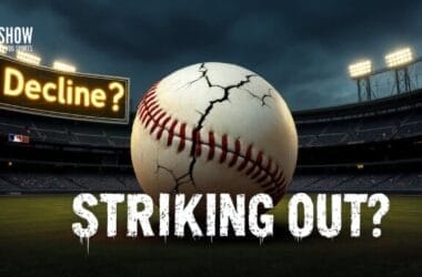 A cracked baseball lies on the field with "Decline?" and "Striking Out?" inscribed, hinting at the uncertain MLB Future.