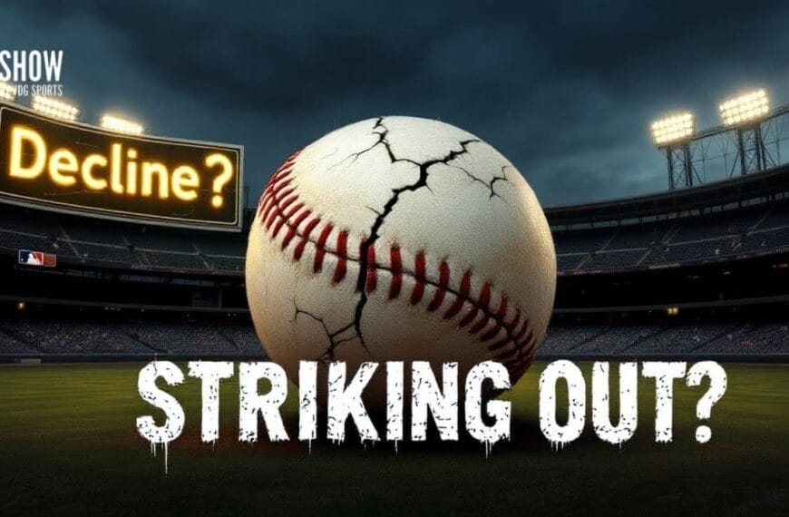 A cracked baseball lies on the field with "Decline?" and "Striking Out?" inscribed, hinting at the uncertain MLB Future.