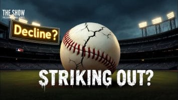 A cracked baseball lies on the field with "Decline?" and "Striking Out?" inscribed, hinting at the uncertain MLB Future.