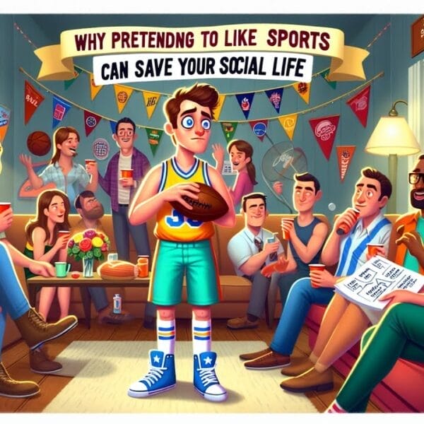 A cartoon illustration of a social gathering where individuals are engaged in conversation about sports games, with one person in the center holding a basketball and looking uncertain, under a banner that reads "why pretending to watch sports games