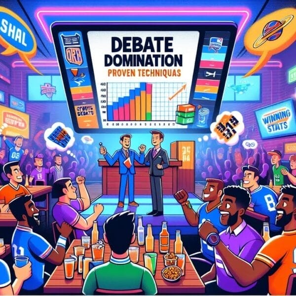 Animated sports debate bar setting with patrons watching a presentation about debate techniques on a large screen.