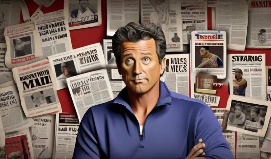 Illustration of a confident man with gray hair, wearing a blue polo shirt, standing with crossed arms against a background of various sports satire newspaper clippings.