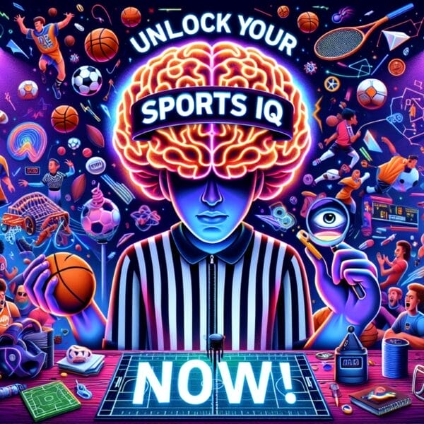 A colorful and vibrant illustration promoting sports IQ with a central figure resembling a referee, surrounded by various elements and icons related to different sports.