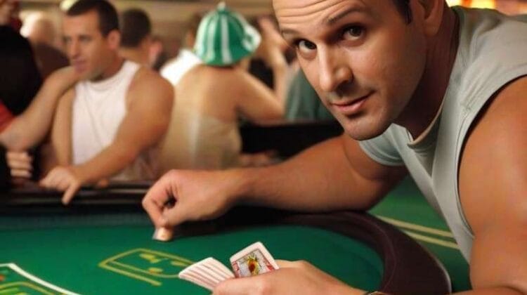 Man at a casino table holding cards with poker chips in front, embodying the truth of sports addiction.