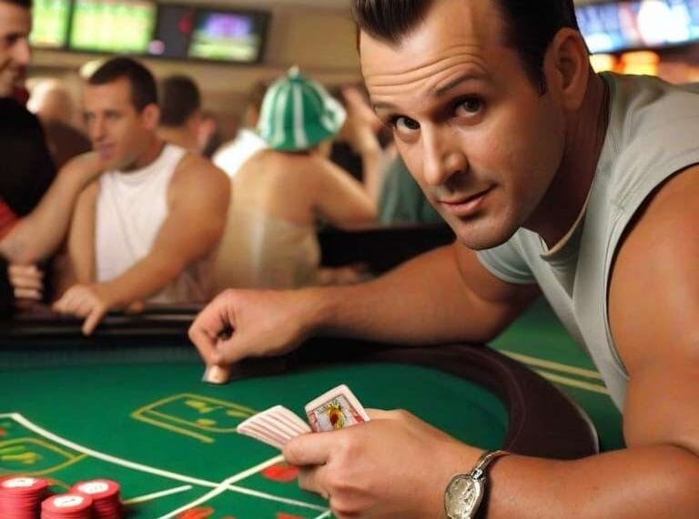 Man at a casino table holding cards with poker chips in front, embodying the truth of sports addiction.