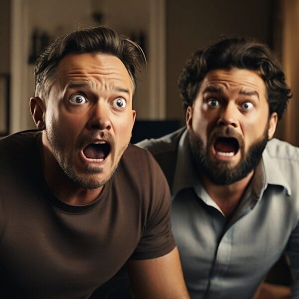Two men displaying shocked expressions during an aggressive sports commentary.