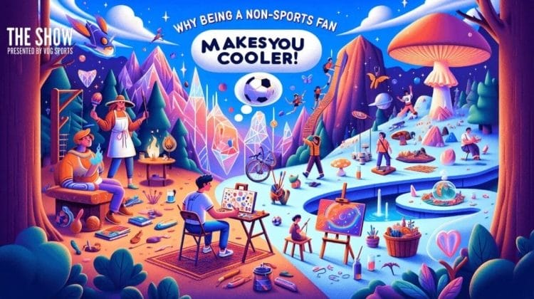 A colorful illustration depicting various artistic and intellectual activities, such as painting, reading, and playing music, alongside elements like books, mushrooms, and planets. A sign reads "Why Having Unique Passions Makes You Cooler!" in the center.