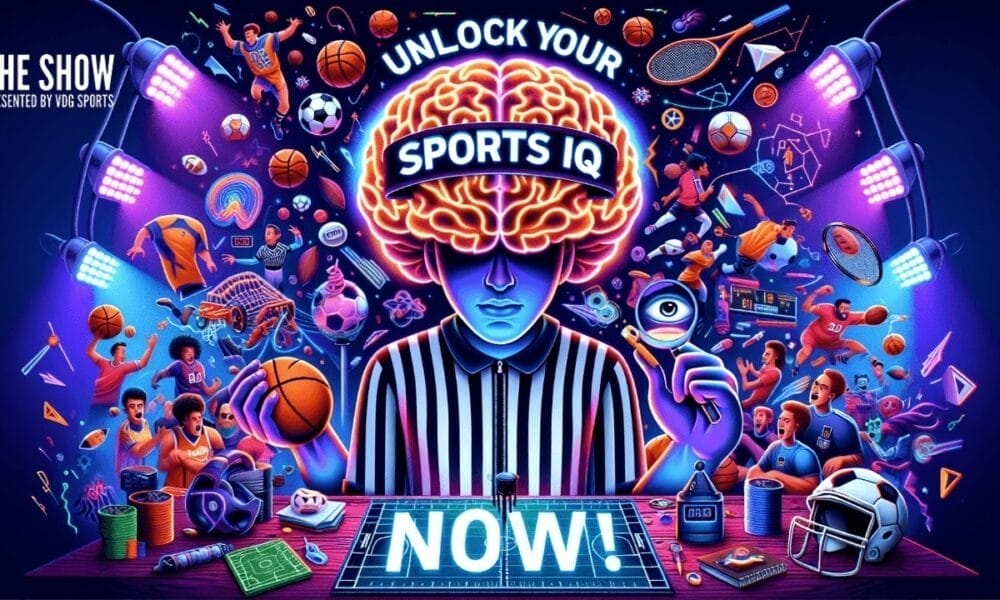 A vibrant illustration features a person with a glowing brain labeled "Unlock Your Sports IQ." Surrounding them are sports equipment and athletes strategizing in action. The bottom displays "NOW!" in large letters. The atmosphere is dynamic and colorful, perfect for diving into game strategies.