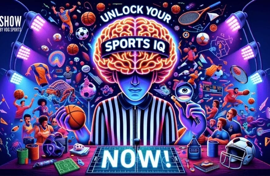 A vibrant illustration features a person with a glowing brain labeled "Unlock Your Sports IQ." Surrounding them are sports equipment and athletes strategizing in action. The bottom displays "NOW!" in large letters. The atmosphere is dynamic and colorful, perfect for diving into game strategies.
