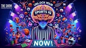 A vibrant illustration features a person with a glowing brain labeled "Unlock Your Sports IQ." Surrounding them are sports equipment and athletes strategizing in action. The bottom displays "NOW!" in large letters. The atmosphere is dynamic and colorful, perfect for diving into game strategies.