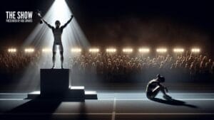 A victorious athlete stands triumphantly on a podium under a spotlight, exemplifying the power of sports psychology, while another athlete sits dejectedly on the ground nearby. The background features a crowd of spectators illuminated by bright lights. Text reads "The Show Presented by V06 Sports.