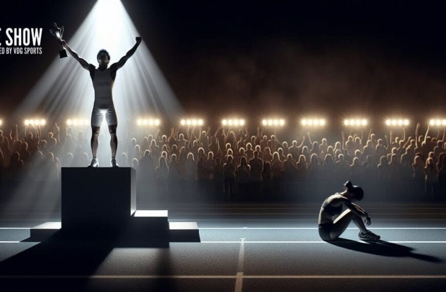 A victorious athlete stands triumphantly on a podium under a spotlight, exemplifying the power of sports psychology, while another athlete sits dejectedly on the ground nearby. The background features a crowd of spectators illuminated by bright lights. Text reads "The Show Presented by V06 Sports.