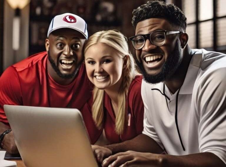 Three friends wearing sporty attire sharing a joyful moment in front of a laptop indoors, enjoying sports satire.
