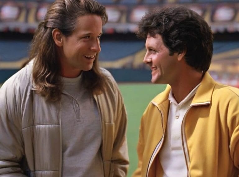Two men smiling and conversing about sports talk in a stadium setting.