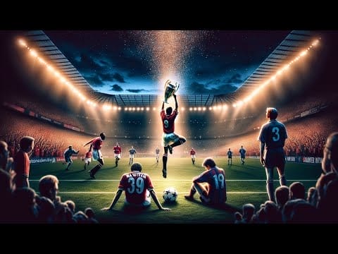 A dynamic soccer match moment under stadium lights with a player leaping for the ball, embodying human determination in sports.