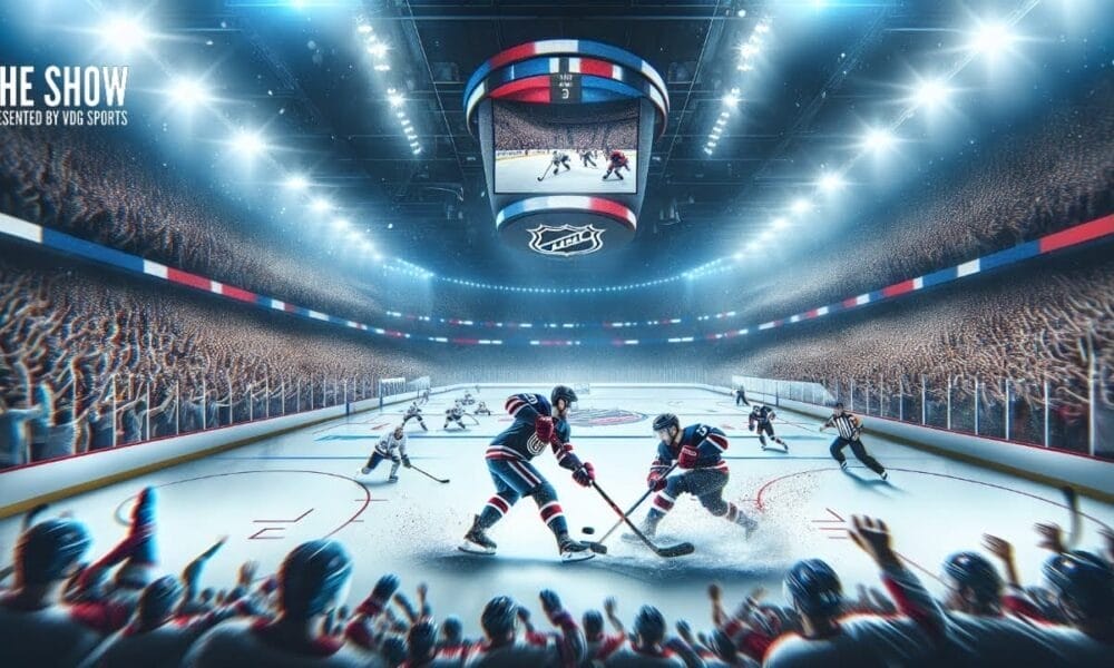 A digitally illustrated hockey game captures players in action on the ice, making NHL history come alive. The arena buzzes with cheering fans, and bright lights illuminate the scene while a large display hovers above the rink. "The Show, presented by YOG Sports," is prominently featured in the image.