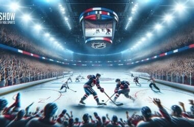 A digitally illustrated hockey game captures players in action on the ice, making NHL history come alive. The arena buzzes with cheering fans, and bright lights illuminate the scene while a large display hovers above the rink. "The Show, presented by YOG Sports," is prominently featured in the image.