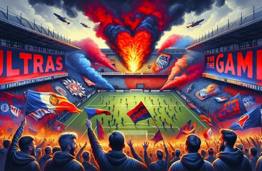 Illustration of a vibrant football stadium with enthusiastic football ultras, colorful banners, and dynamic flares, titled "ultras - the game.