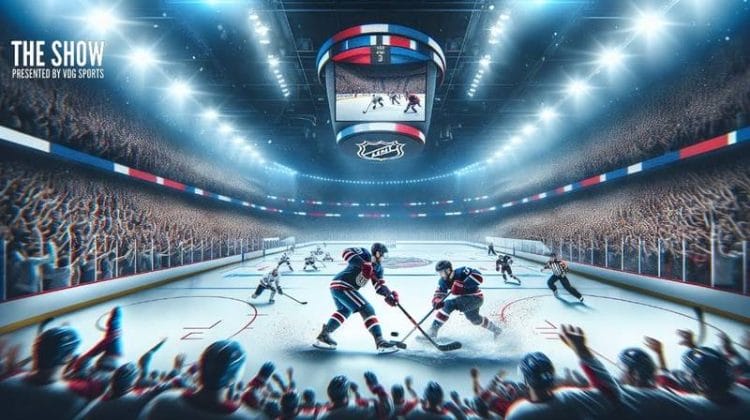 A digitally illustrated hockey game captures players in action on the ice, making NHL history come alive. The arena buzzes with cheering fans, and bright lights illuminate the scene while a large display hovers above the rink. "The Show, presented by YOG Sports," is prominently featured in the image.
