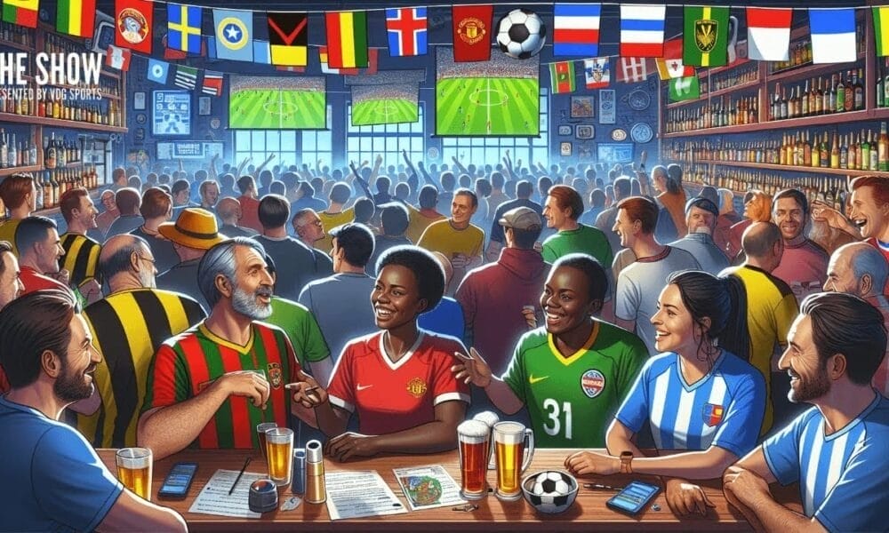 A lively sports bar where even a football hater could find themselves charmed by the diverse fans in jerseys, glued to soccer screens amidst a vibrant array of national flags.