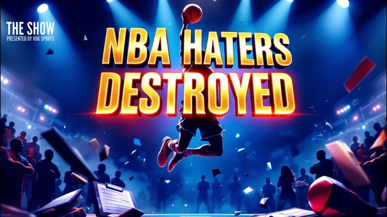 A dramatic scene shows a basketball player mid-air with the words "NBA Haters Destroyed" in bold letters. The background features a stage lit up brightly, with silhouettes of people watching. Papers detailing NBA statistics and a basketball are scattered around, countering NBA criticism head-on.