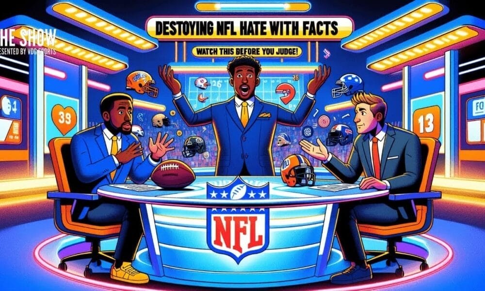 Illustration of three animated sportscasters in a brightly lit studio themed around the NFL. One stands with raised arms behind a desk with helmets, while two others sit on either side. A banner reads "Destroying NFL Hate with Facts," diving into NFL game complexity to debate NFL haters.