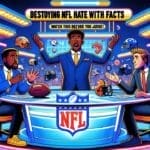 Illustration of three animated sportscasters in a brightly lit studio themed around the NFL. One stands with raised arms behind a desk with helmets, while two others sit on either side. A banner reads "Destroying NFL Hate with Facts," diving into NFL game complexity to debate NFL haters.