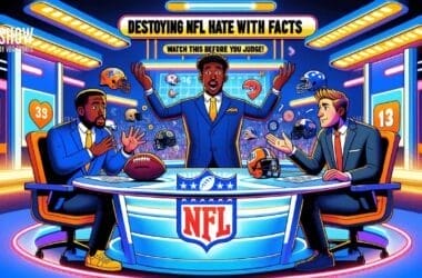 Illustration of three animated sportscasters in a brightly lit studio themed around the NFL. One stands with raised arms behind a desk with helmets, while two others sit on either side. A banner reads "Destroying NFL Hate with Facts," diving into NFL game complexity to debate NFL haters.