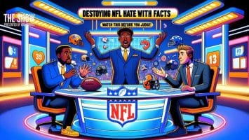Illustration of three animated sportscasters in a brightly lit studio themed around the NFL. One stands with raised arms behind a desk with helmets, while two others sit on either side. A banner reads "Destroying NFL Hate with Facts," diving into NFL game complexity to debate NFL haters.