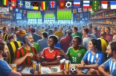 A lively sports bar where even a football hater could find themselves charmed by the diverse fans in jerseys, glued to soccer screens amidst a vibrant array of national flags.