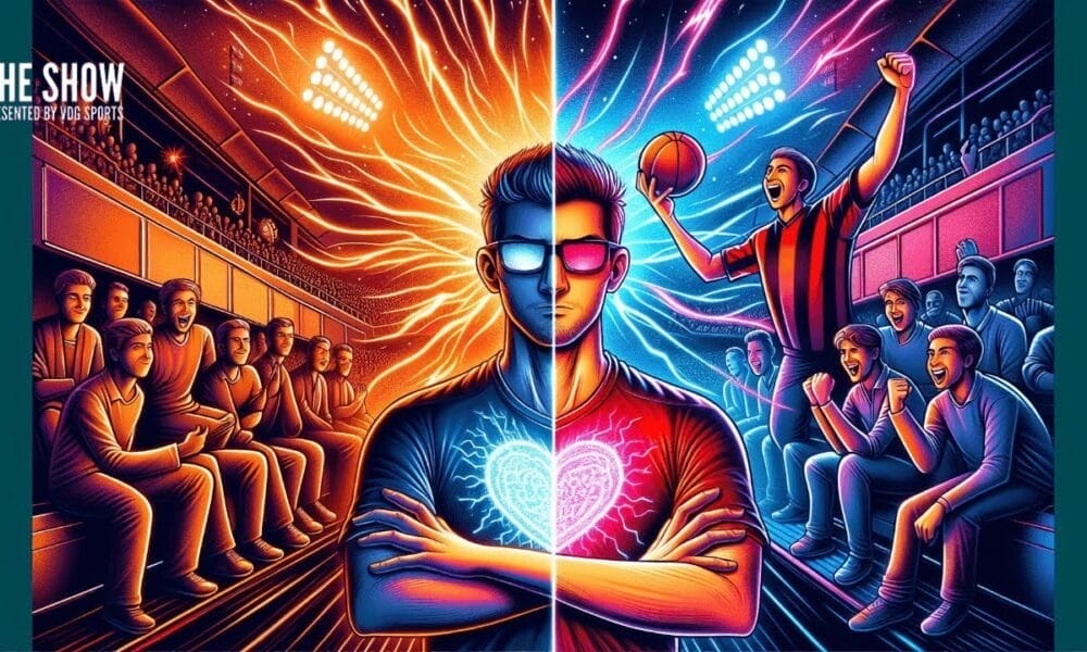 A digitally illustrated image split in half. One side features a man with glasses and crossed arms, surrounded by fans and fiery energy. The other shows a man playing basketball, immersed in cheering spectators as he seeks to transform sports haters with his radiating power. Text reads "The Show.