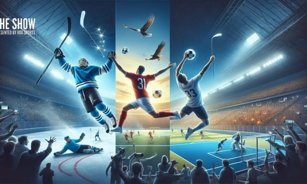 A dynamic sports illustration divided into three sections captures unbelievable sports moments: hockey on the left, soccer in the center, and basketball on the right. Each section features players in action, surrounded by electrified audiences and brilliant stadium lights.