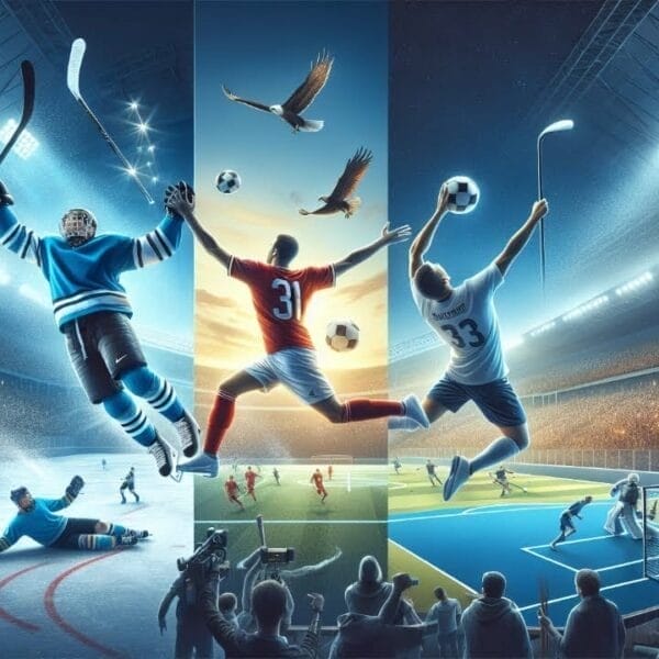 A dynamic sports illustration divided into three sections captures unbelievable sports moments: hockey on the left, soccer in the center, and basketball on the right. Each section features players in action, surrounded by electrified audiences and brilliant stadium lights.