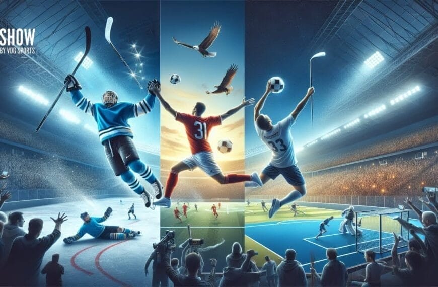 A dynamic sports illustration divided into three sections captures unbelievable sports moments: hockey on the left, soccer in the center, and basketball on the right. Each section features players in action, surrounded by electrified audiences and brilliant stadium lights.