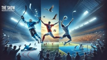 A dynamic sports illustration divided into three sections captures unbelievable sports moments: hockey on the left, soccer in the center, and basketball on the right. Each section features players in action, surrounded by electrified audiences and brilliant stadium lights.