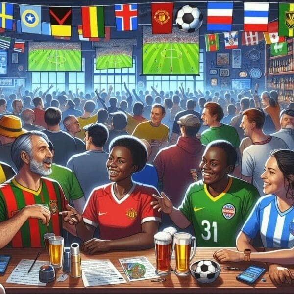 A lively sports bar where even a football hater could find themselves charmed by the diverse fans in jerseys, glued to soccer screens amidst a vibrant array of national flags.