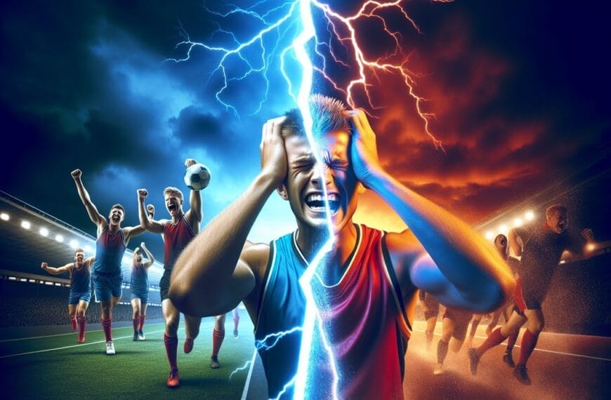 A dramatic portrayal of a soccer match, highlighting that winning in sports -- psychology of a player feeling distress among celebrating teammates and opponents under a stormy sky with lightning.