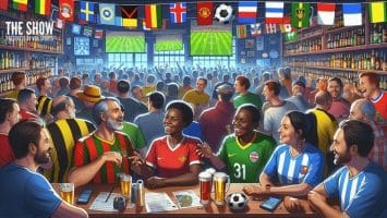 A lively sports bar where even a football hater could find themselves charmed by the diverse fans in jerseys, glued to soccer screens amidst a vibrant array of national flags.