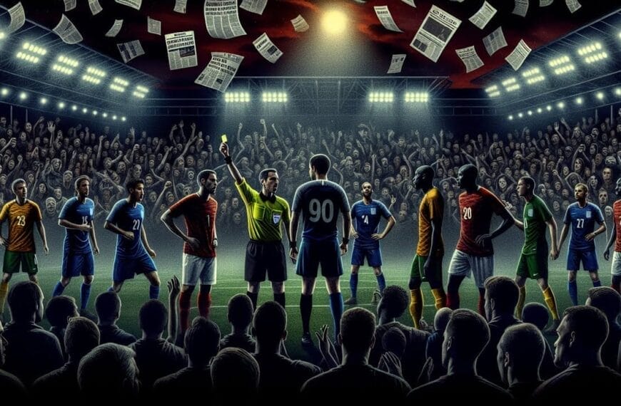 Illustration of a football match scene with players in various uniforms and a goalkeeper being cheered by a dense crowd under stadium lights, subtly highlighting hidden narratives.
