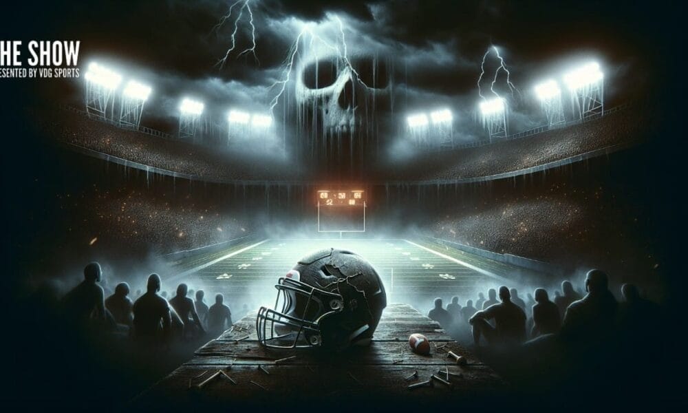 A dramatic, eerie football stadium with a skull-shaped cloud and lightning looms ominously, encapsulating the NFL's Legacy. In the foreground, a helmet rests on the table, echoing tales of intensity and triumph.