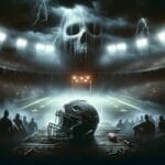 A dramatic, eerie football stadium with a skull-shaped cloud and lightning looms ominously, encapsulating the NFL's Legacy. In the foreground, a helmet rests on the table, echoing tales of intensity and triumph.