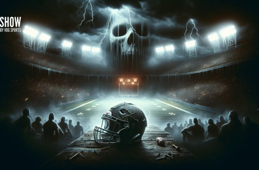 A football helmet and ball on a table in the foreground, with a foggy stadium illuminated by lights and featuring a large skull shape in the clouds above.