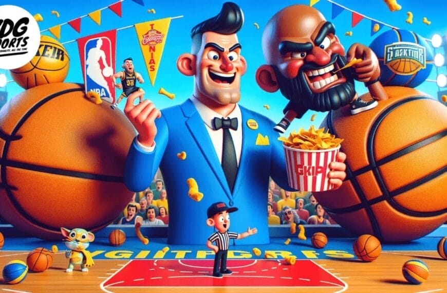 Two animated characters with exaggerated features stand on a basketball court surrounded by giant basketballs, popcorn, and a small animal. The scene is lively with banners celebrating NBA players and a cheering crowd excitedly discussing the latest NBA ranking.