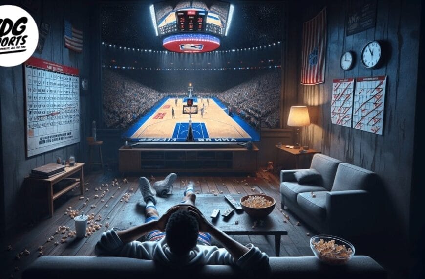 A person lounges on a sofa watching a late-night basketball game on a large screen in a dimly lit room. The floor is scattered with popcorn, and the walls are decorated with posters and clocks, embodying their love-hate relationship with the trash talk-filled sports world.