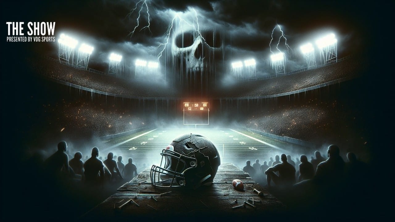 A dramatic, eerie football stadium with a skull-shaped cloud and lightning looms ominously, encapsulating the NFL's Legacy. In the foreground, a helmet rests on the table, echoing tales of intensity and triumph.