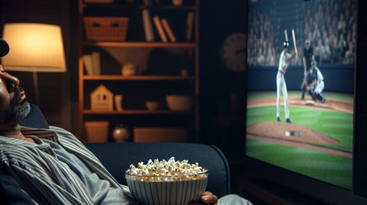 A person wearing striped pajamas and a cap sits on a couch holding a bowl of popcorn, watching the case against baseball unfold on a large TV in a dimly lit living room.